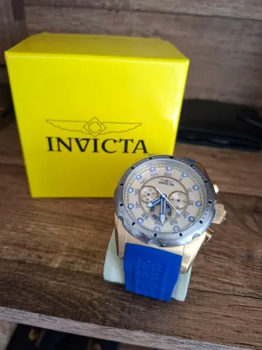 Relógio Invicta Cronógrafo Original - Caixa Dourada + Pulseira Azul + Caixa Original