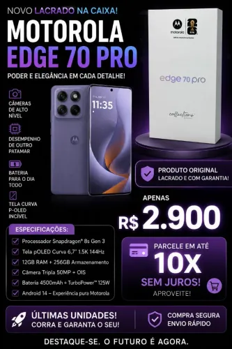 Motorola Edge 70 Pro 12GB/256GB Azul Escuro Lacrado | R$ 2.900 | 10x Sem Juros