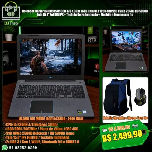 Notebook Gamer Dell G3 i5 8300H 4/8 4.0Ghz 16GB Ram GTX 1050 4GB SSD NVMe 256GB HD 500GB