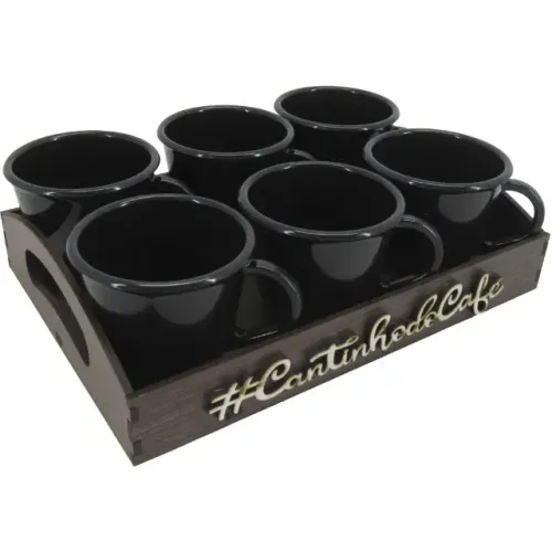Xicaras para cafe  kit cantinho do café com 6 xícaras em acrílico bandeja em MDF 