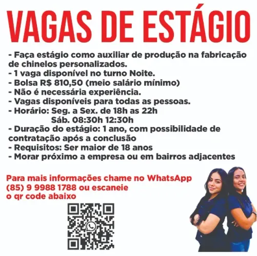 Vaga de Estágio em Fábrica de Chinelos no Bairro Bonsucesso - Fortaleza (SEM EXPERIÊNCIA)