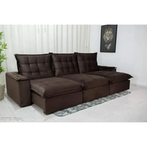 Sofá Retrátil Reclinável As 3.20m Veludo Cinza 814 D33 e Molas Ensacadas rf55