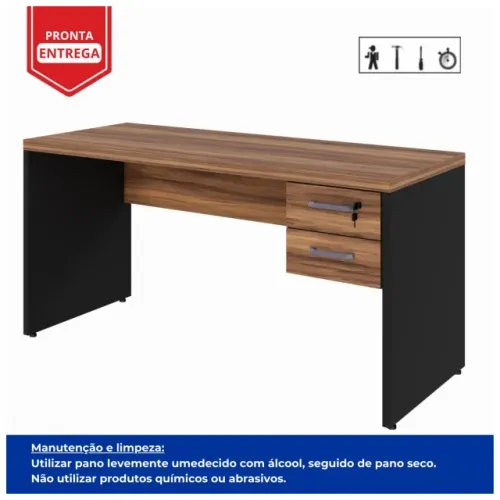 Mesa de Escritório com Gavetas 1,50×0,60m Cor Nogal Sevilha/Preto Moderna Modelo 21473