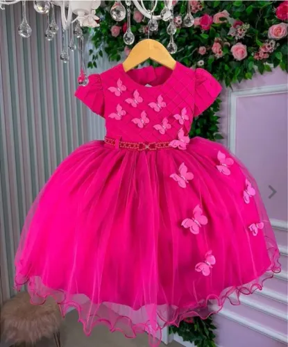 Vestido de Festa Infantil Rosa com Borboletas 3 anos