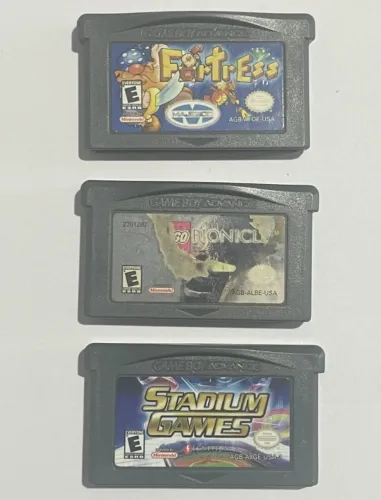 3 CARTUCHOS ORIGINAIS NINTENDO GAMEBOY ADVANCE FORTRESS LEGO BIONICLE e STADIUM GAMES