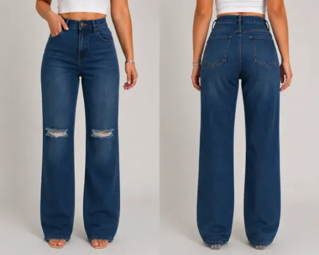 Calça jeans azul wide leg com rasgo nos joellhos