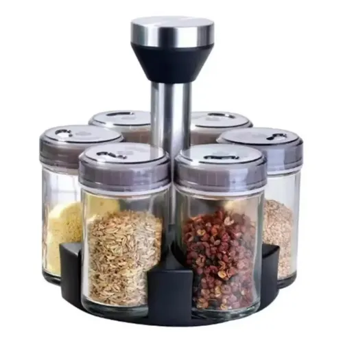 Kit 6 Porta Tempero Condimento Vidro Suporte Giratório Inox