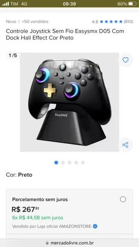 Controle Joystick Sem Fio Easysmx D05 Com Dock Hall Effect Cor Preto