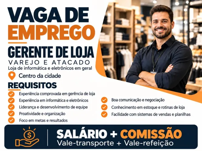 VAGA GERENTE DE LOJA ATACADISTA E VAREJISTA DE INFORMÁTICA E ELETRÔNICOS EM GERAL