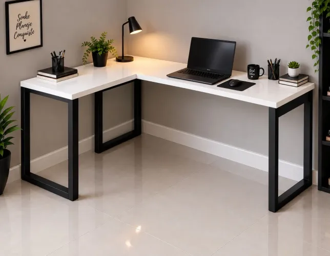 Mesa L Escrivaninha Industrial Metalon + MDF