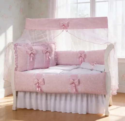 Kit de Berço Menina Rose Bordado 100% algodão 