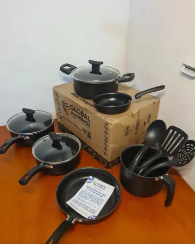 Jogo De Panelas Com 9 Teflon Frigideira Cor Granito Cor Preto Com Bege