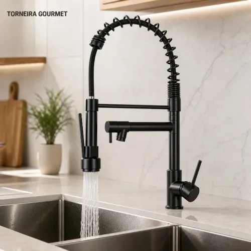 Torneira Gourmet Dupla Preta com Ducha Flexível