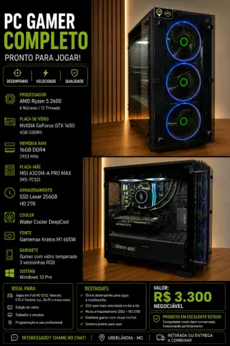 PC Gamer Ryzen 5 + GTX 1650 + 16GB + SSD + HD 2TB