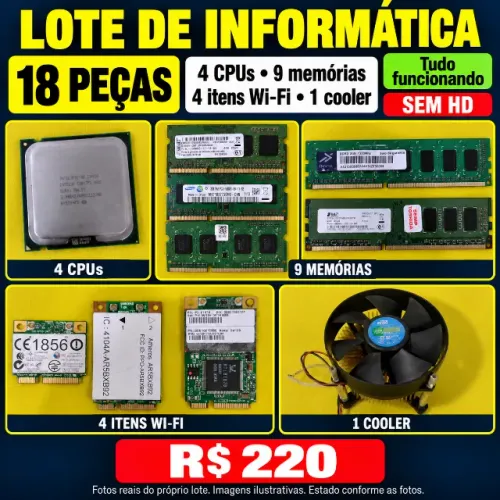 Lote de informática com 18 peças funcionando - processadores, memórias e Wi-Fi