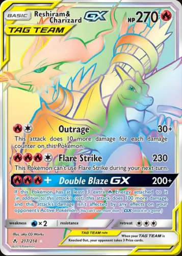 Carta pokémon do Reshiram e Charizard-GX 217/214