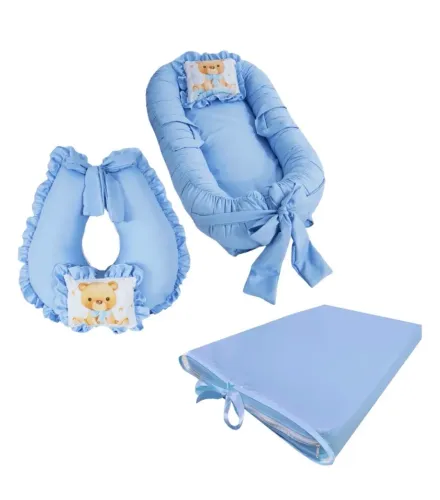 kit ninho, almofada de amamentação e trocador portátil azul
