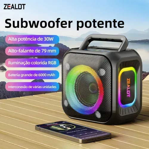 Caixa de som bluetooth portátil Zealot PT01 30W som estéreo IPX6 preto
