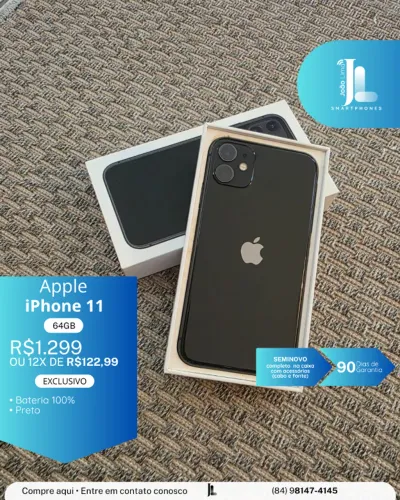 IPHONE 11, 64GB, PRETO, SEMINOVO, BATERIA 100%, NA CAIXA, EXCLUSIVO!