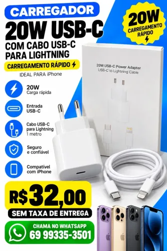 Carregador Iphone tipo Lightning 20w