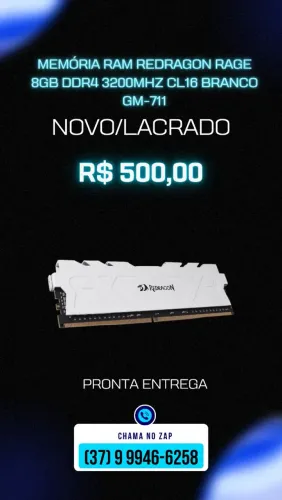 Memória RAM Redragon Rage 8GB DDR4 3200MHz CL16 Branco GM-711