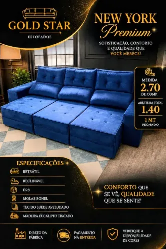 SOFÁ NEW YORK 2.70M RETRÁTIL E RECLINÁVEL 