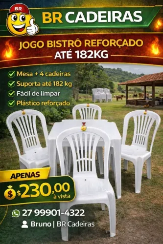 jogo 1 mesa com 4 cadeira com encosto aberto 182kg