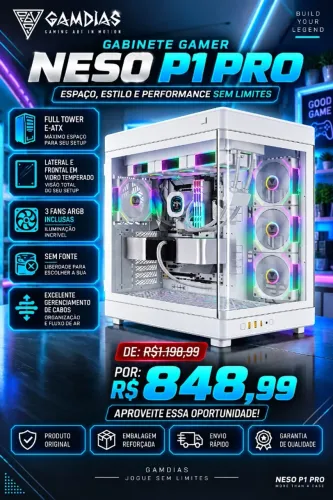 Gabinete Gamer Gamdias NESO P1 Pro, Full Tower, Vidro Temperado, E-ATX, Sem Fonte, 3 Fans 