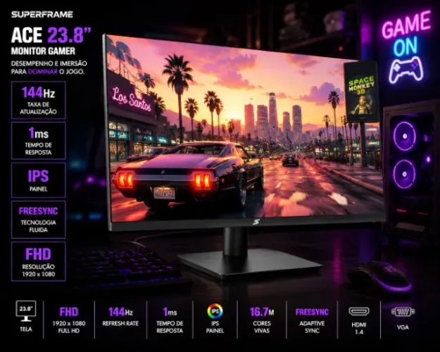 Monitor Gamer SuperFrame Ace 23.8 FHD, IPS, 144Hz, 1ms, Flicker-Free, HDMI/VGA