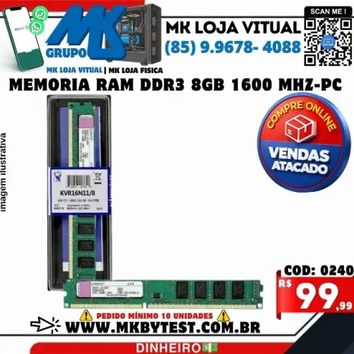 MEMORIA RAM DDR3 8GB 1600 MHZ-PC R$ 99,99 no atacado 