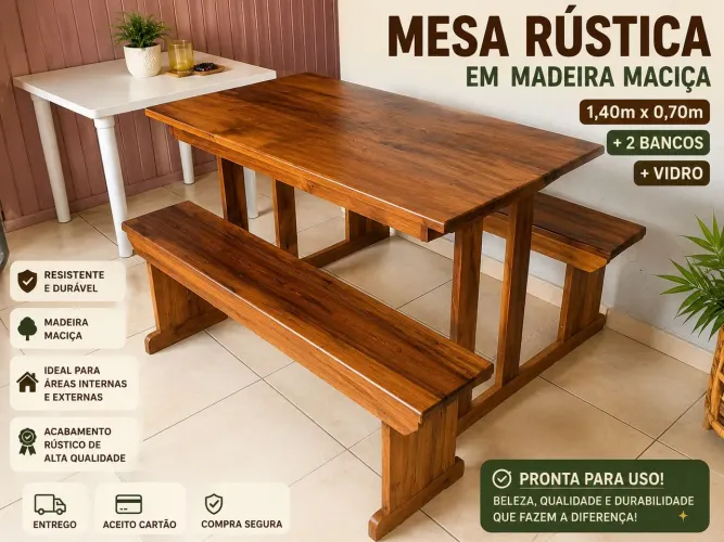 MESA Maciça RUSTICA +VIDRO + 2 BANCOS