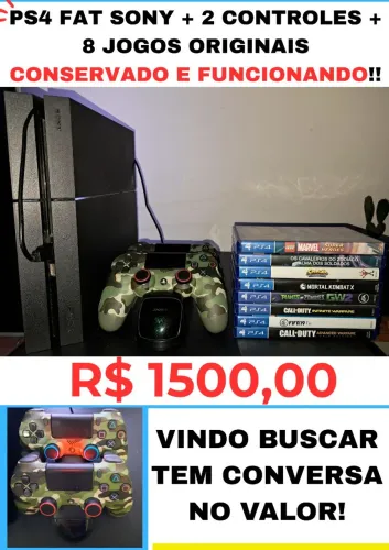 PS4 FAT SONY SEMINOVO CONSERVADO E FUNCIONANDO + 2 CONTROLES E 8 JOGOS ORIGINAIS