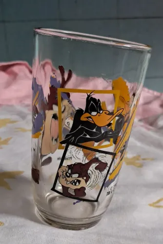 Copo Antigo de Vidro Looney Tunes - Patolino e Taz (Coleção Anos 90) Raro.