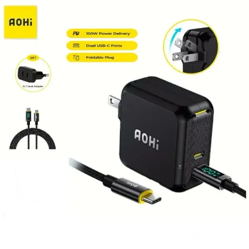 Carregador Rápido 100W Pd GaN - Aohi MagCube - 2 Port + Cabo Led 100W - LACRADO