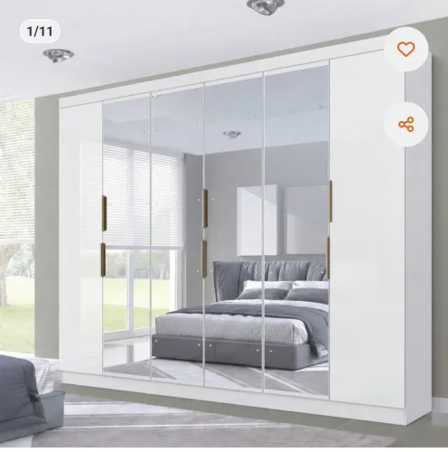 Guarda-roupa Casal 6 Portas sendo 4 com espelho, 4 Gavetas, estrutura em MDP Branco