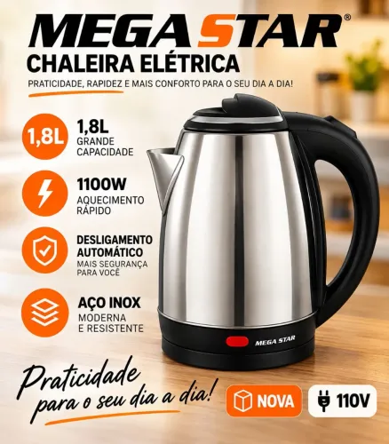 Chaleira Elétrica Mega Star 1,8L Inox 1100W - Nova