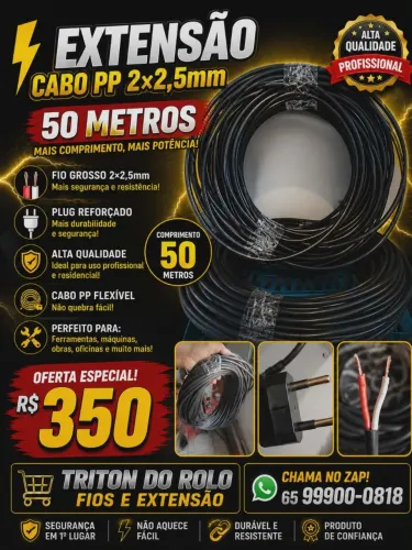 Extensão Cabo PP 2 x 2.5 mm Flexível 50 Metros