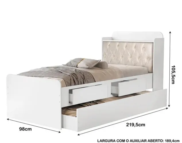 Cama Bau Quarto Solteiro Com Auxiliar e Captonê