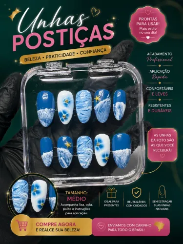 Unhas Postiças Artesanais Oceano Azul - Reutilizáveis com Kit de Aplicação