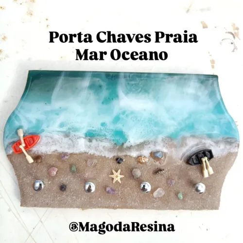 Porta Chaves Artesanal Praia Mar Oceano Feito a Mão Artesanal de Resina Epóxi exclusivo