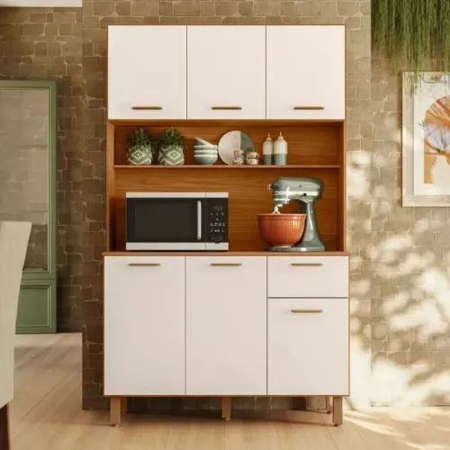 Armário Para Cozinha Médio Livia Pés De Madeira Freijó/Off White Acetinado - Oferta Inperd