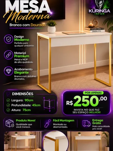Mesa branco com dourado Metal e MDP 90cm largura 45 profundidade 75 largura
