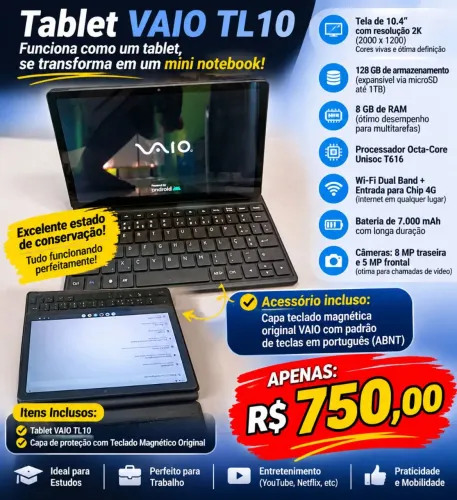 Tablet VAIO TL10 10.4" 2K 128GB + 8GB RAM com Capa Teclado Original
