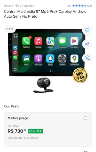 Central Multimidia 9'' sistema Mp5 Pro+ / Carplay Sem Fio + Câmara de Ré 