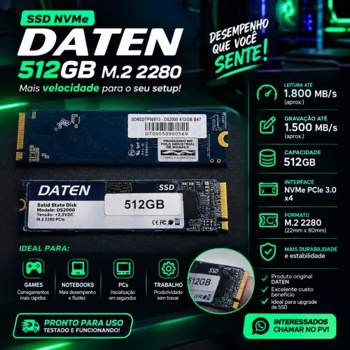 SSD NVMe DATEN 512GB M.2 2280 PCIe 3.0 - DS2000