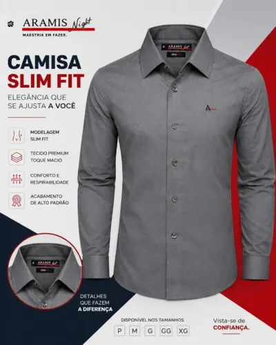 Camisa Social Slim Fit Aramis Masculina Algodão Egípcio Cinza