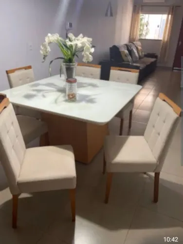 Tampo Mdf/vidro Canto Copo 6 Cadeiras Ester Creme/Naturalle/Off White - Branco