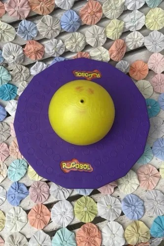 Brinquedo pogobol roxo e amarelo
