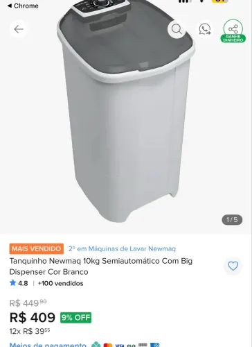 Tanquinho Newmaq 10kg Semiautomático 220v Com Big Dispenser Cor Branco