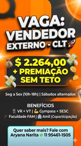 Vendedor Externo (Porta a Porta)|CLT - Fixo R$ 2.264|Sem Teto de Ganhos